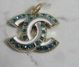 Chanel Teal Rhinestone Lined White Stripe Retro Handbag Charm 22mm Stamped!