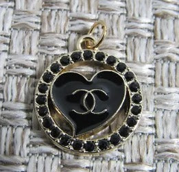 Chanel Onyx Rhinestone Lined Oval Heart Charm Gold Back Stamped!