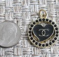 Chanel Onyx Rhinestone Lined Oval Heart Charm Gold Back Stamped!