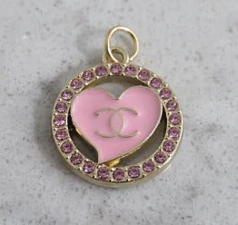 Chanel Pink Rhinestone Lined Oval Heart Zipper Pull Charm Gold Tone Stamped Back