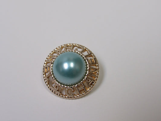 Vintage Designer Chanel Teal Pearl Domed Gold Tone Designer Button Stamped