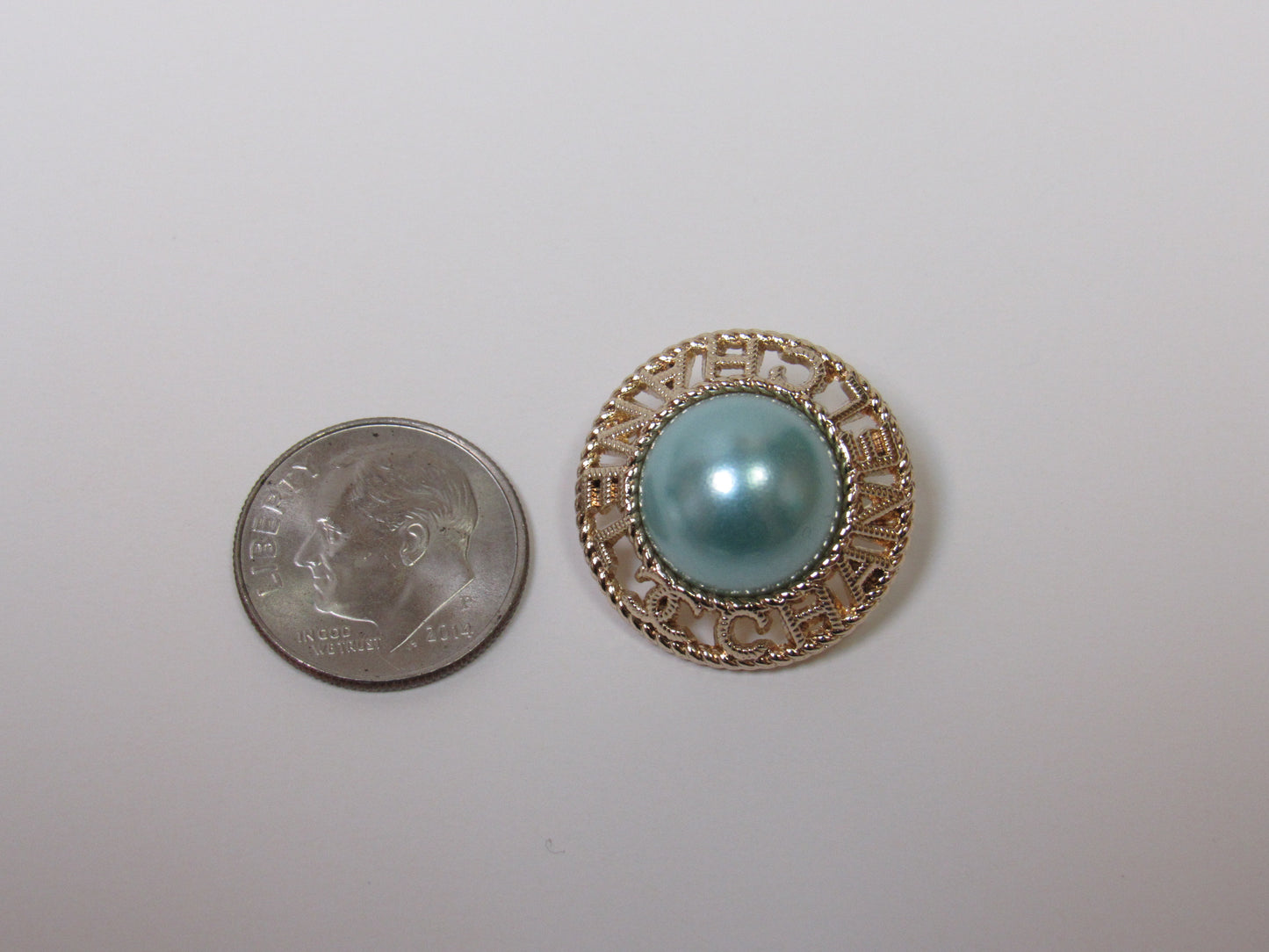 Vintage Designer Chanel Teal Pearl Domed Gold Tone Designer Button Stamped