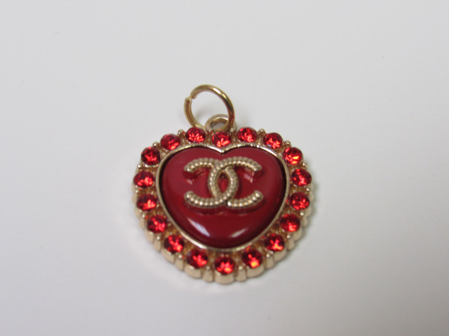 Chanel Red Rhinestone Heart Shaped Zipper Pull Charm Pendant Stamped!