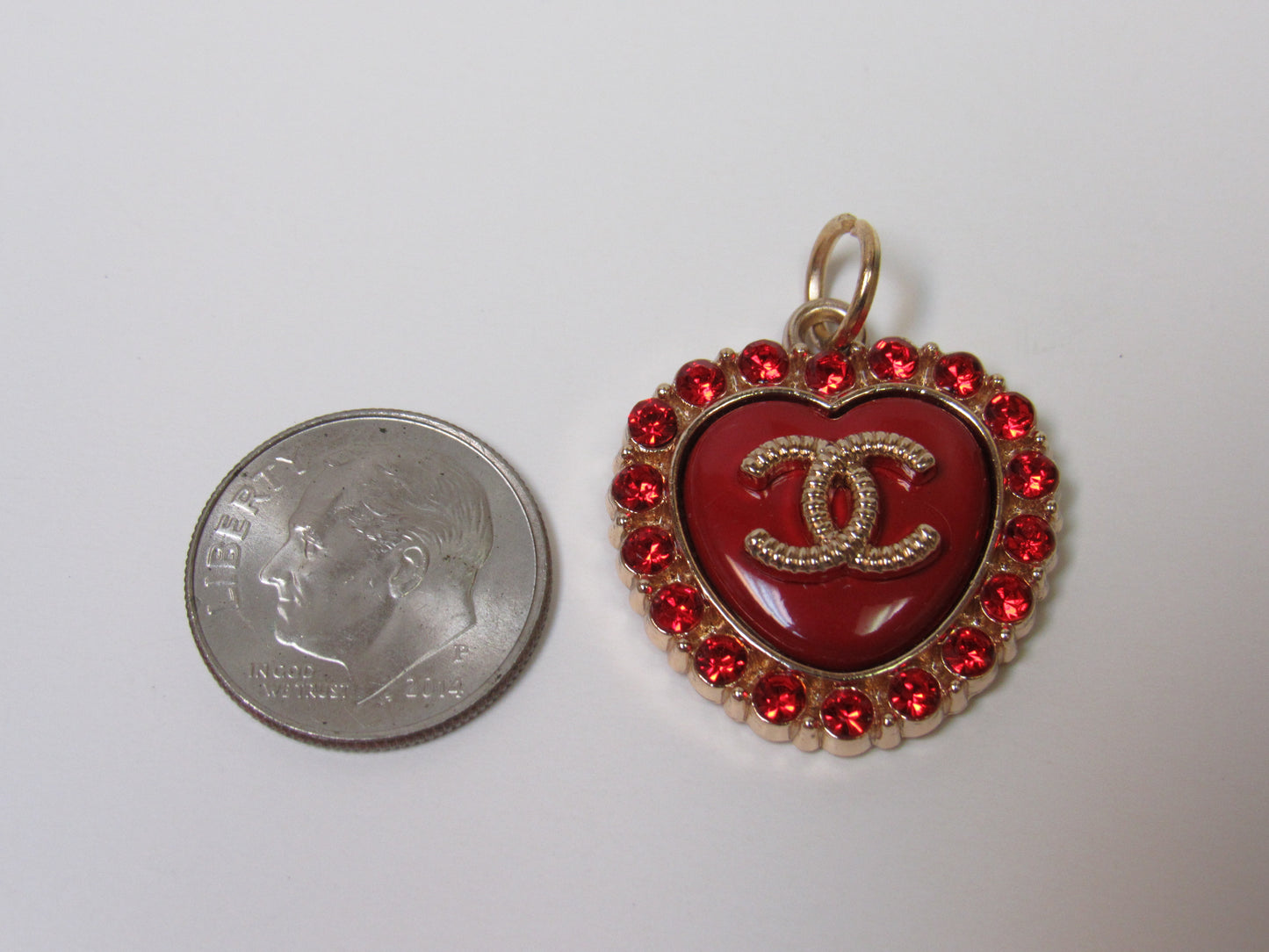 Chanel Red Rhinestone Heart Shaped Zipper Pull Charm Pendant Stamped!